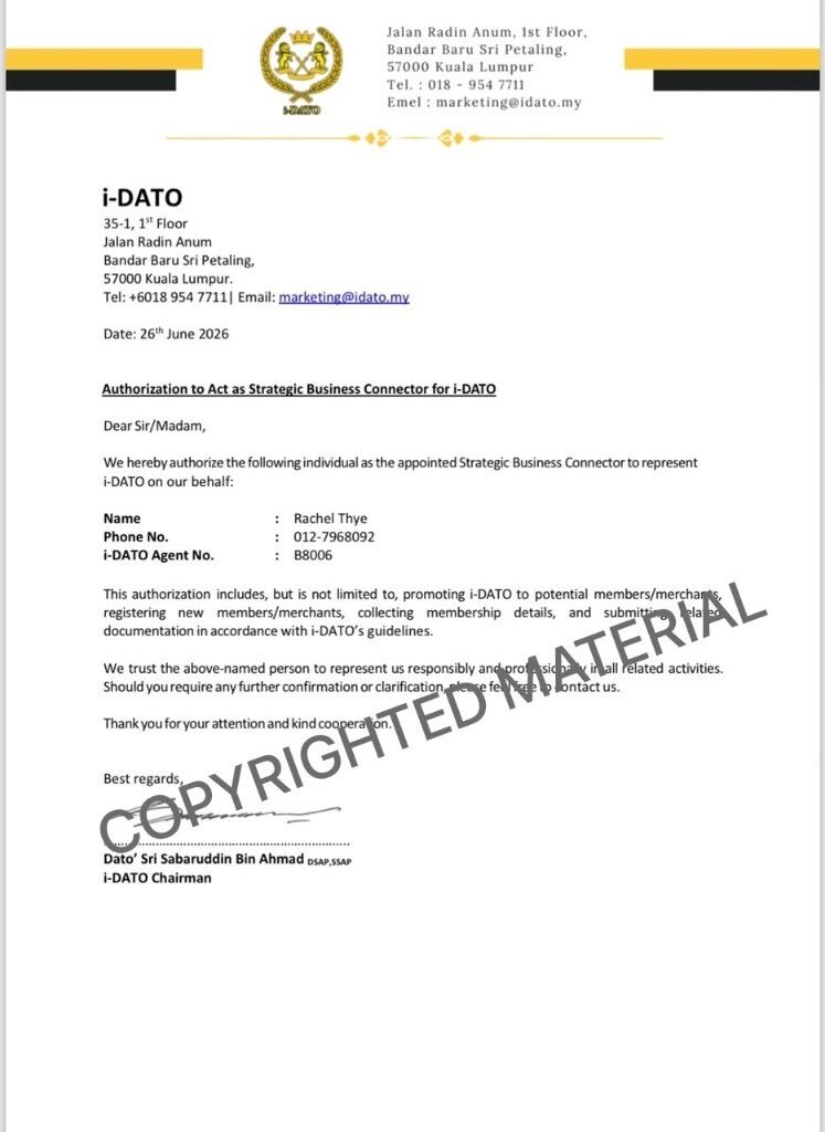 i-DATO authorisation letter appointing Rachel Thye as Strategic Business Connector, Agent No. B8006